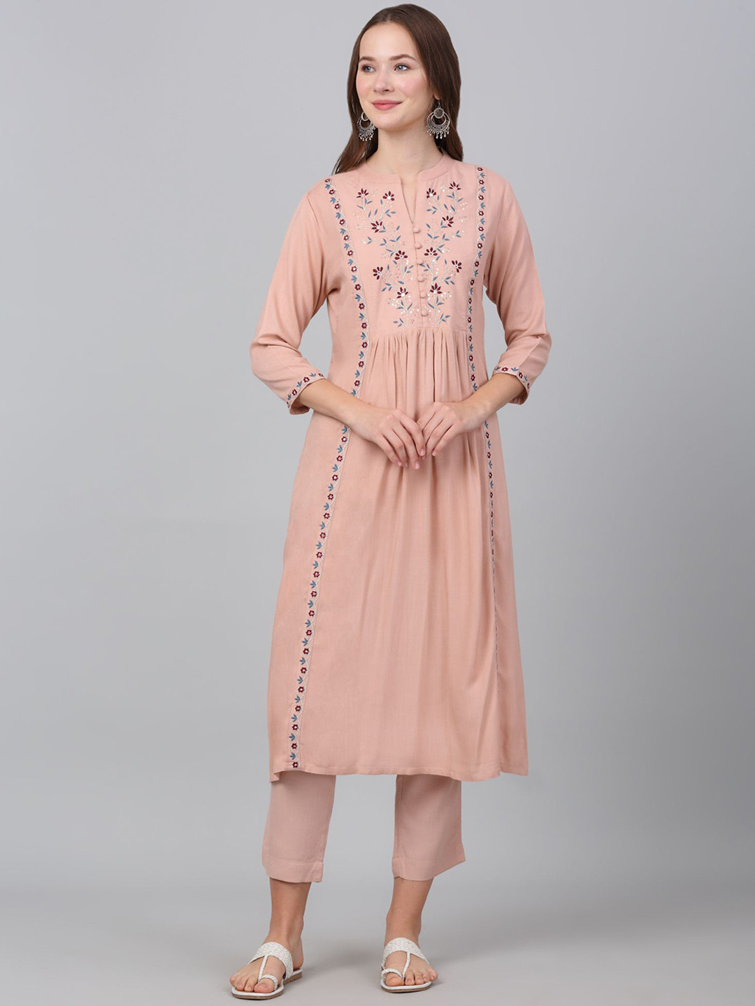 Cantabil Floral Embroidered Sequinned Pleated Straight Kurta with Trousers