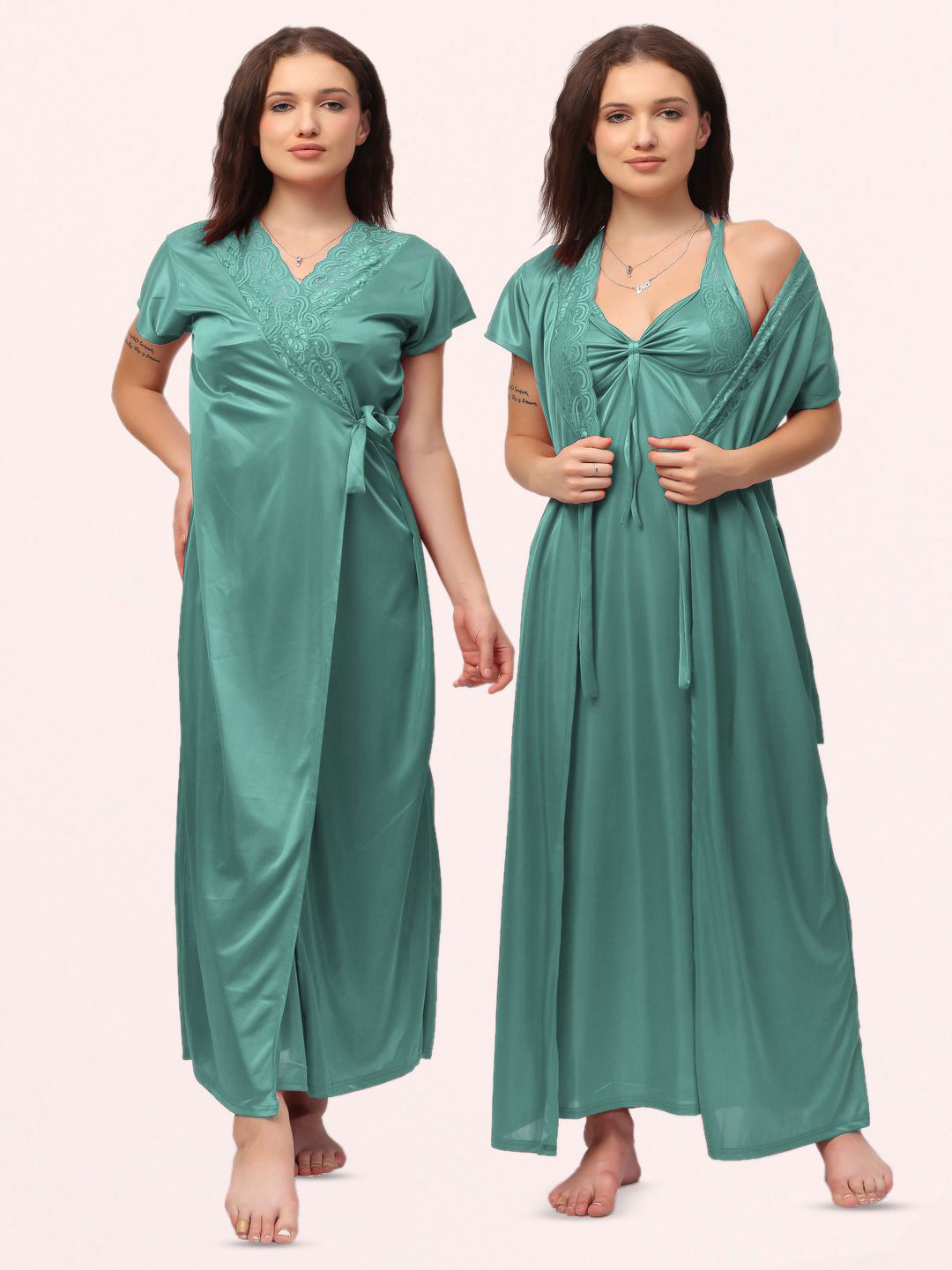 NIGHT KEYS Women Set Of 6 V-Neck Maxi Nightdress with Robe