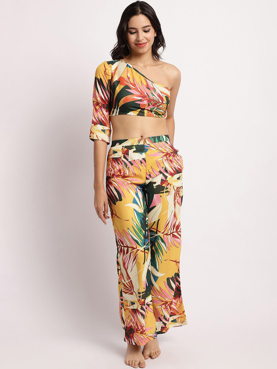 Aoba Yellow Tropical Printed One Shoulder Relaxed-Fit Top With Trouser