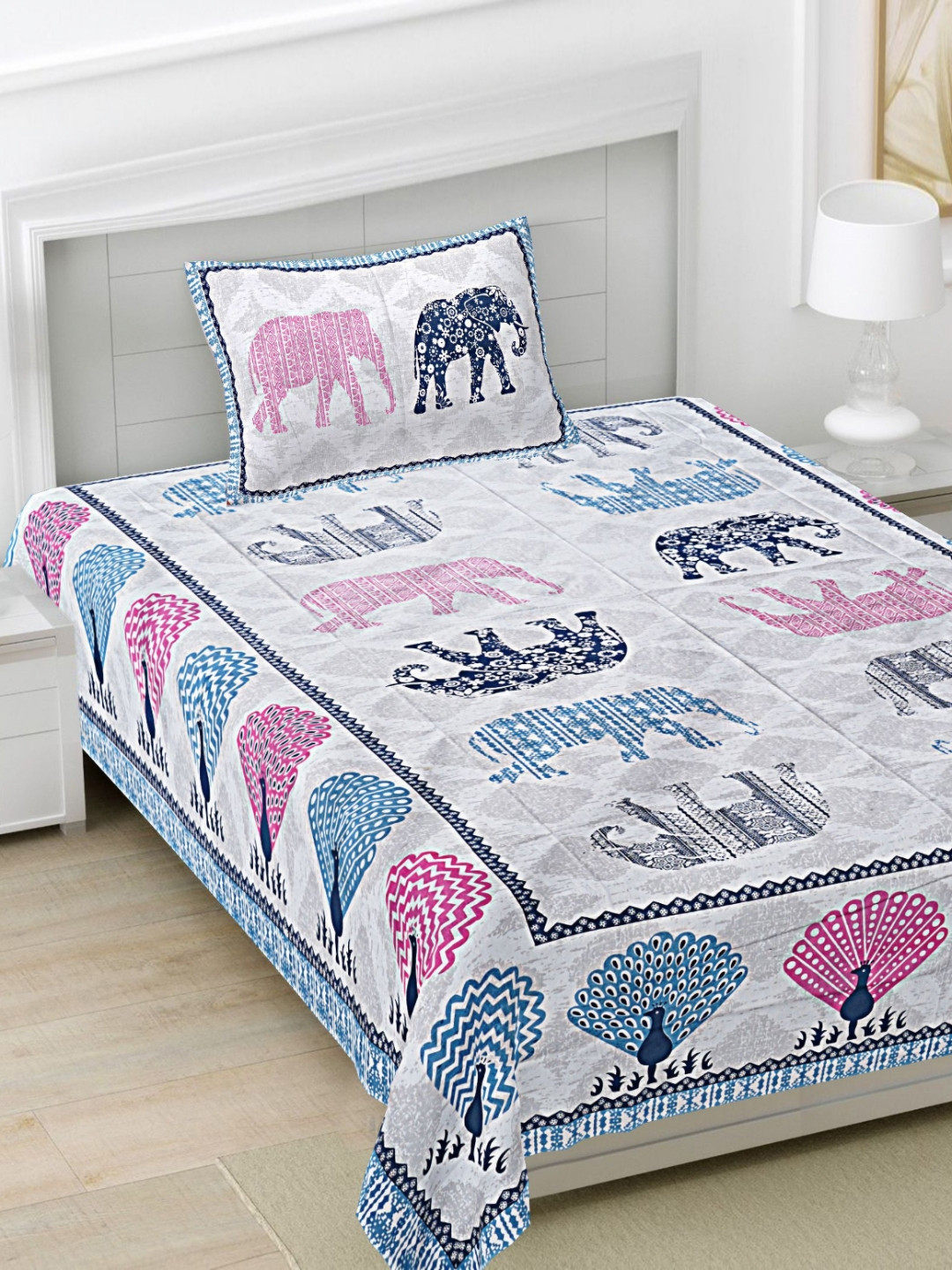 FrionKandy Living White Ethnic Motifs Cotton 180 TC Single Bedsheet with a Pillow Cover-90 x 60 inches