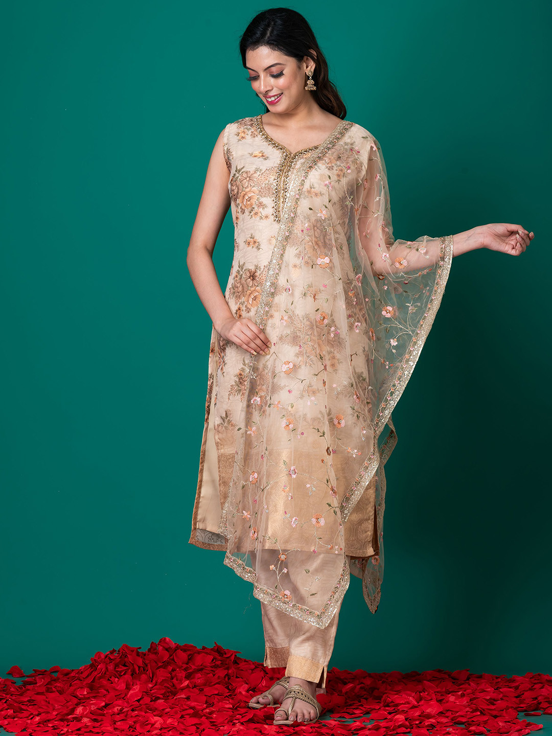 SHREE BALAJI Floral Embroidered Thread Work Kurta With Trousers & Dupatta