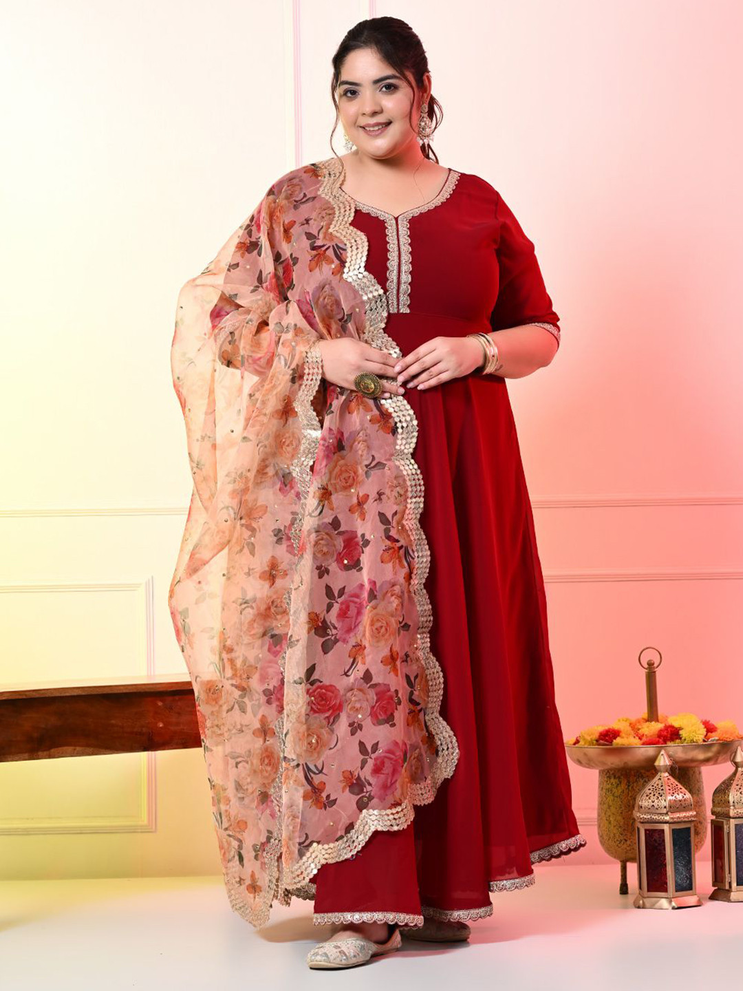 PrettyPlus by Desinoor.com Plus Size Embroidered Silk Fit and Flare Maxi Ethnic Dresses