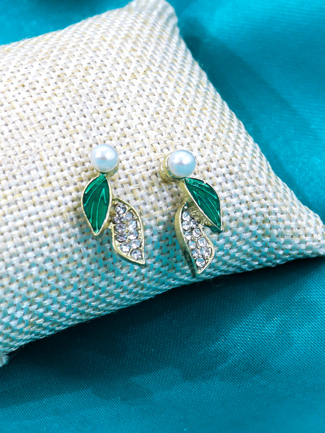 KRENOZ Gold-Plated Leaf Shaped Stainless Steel Stone Studded Antique Studs
