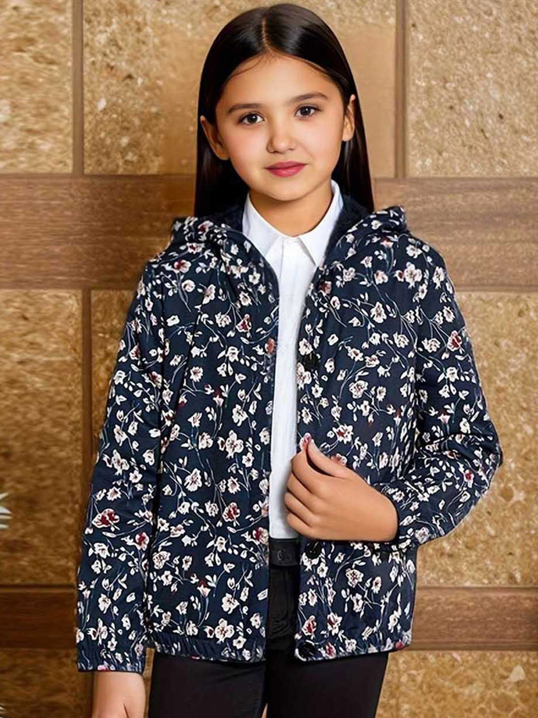 INCLUD Girls Hooded Floral Printed Cotton Casual Bomber Jacket
