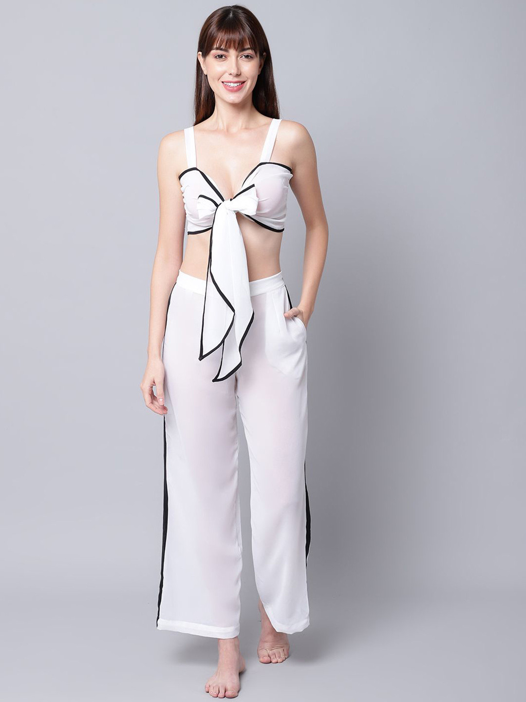 Aoba White Shoulder Straps Sleeveless knot Crop Top With Trousers