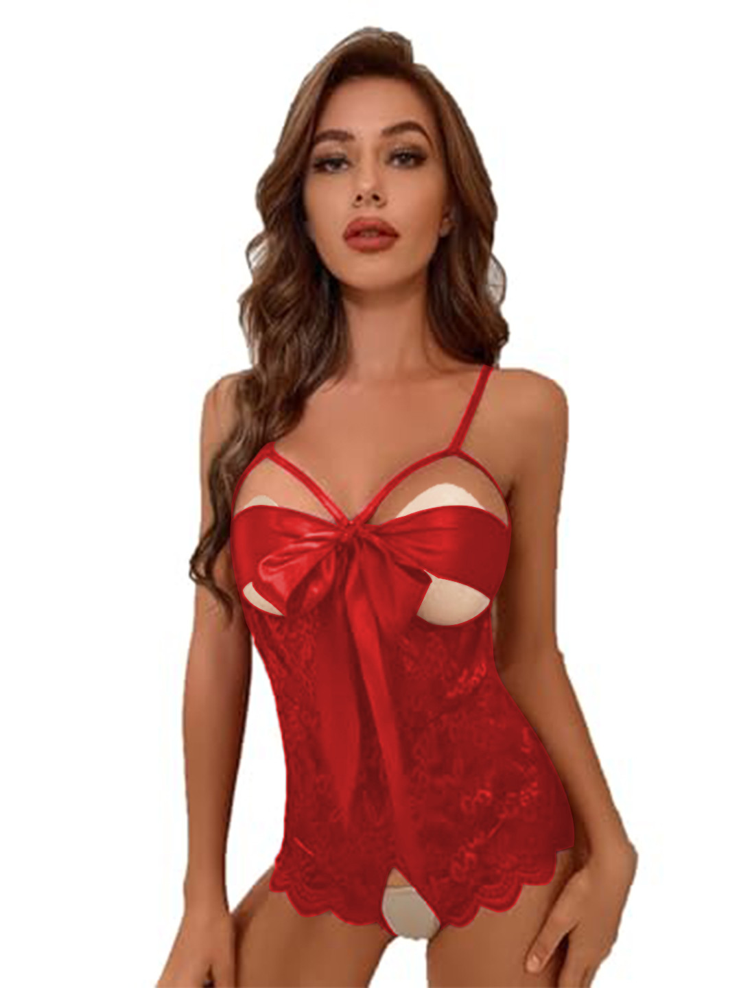 VAGHBHATT Women Red Shoulder Straps Net Baby Doll with Asymmetric