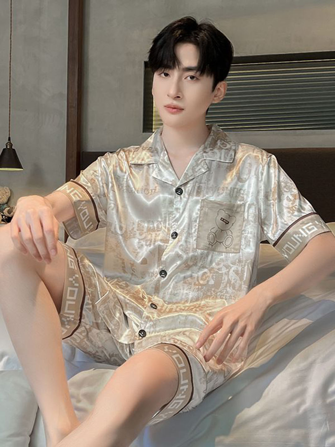 StyleCast Beige Printed Shirt With Shorts Night Suit