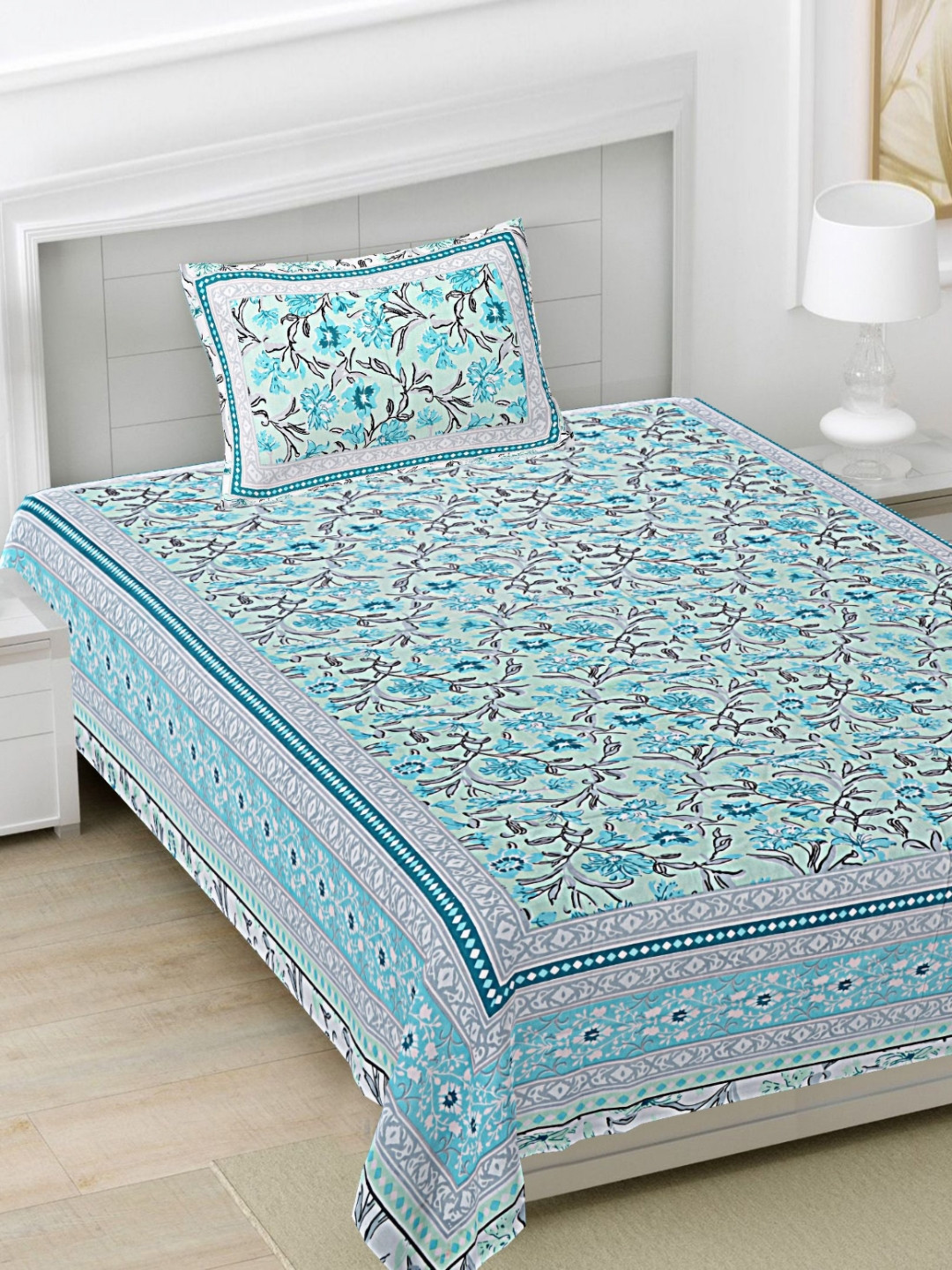 FrionKandy Living Jaipuri Turquoise Blue Floral Cotton 180 TC Single Fine Bedsheet with a Pillow Cover-90 x 60 inches