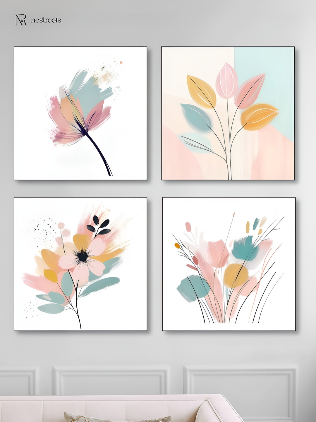 nestroots White & Blue Elegant Blooming Flowers 4 Pieces Canvas Wall Paintings