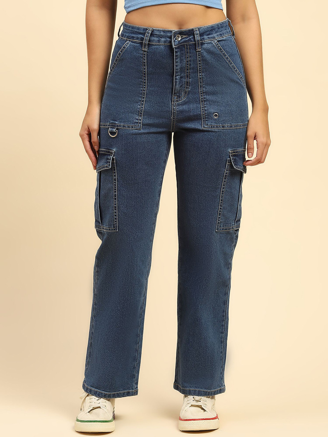 Global Republic Women Blue Cotton Smart Straight Fit High-Rise Easy Wash Cargos Trousers