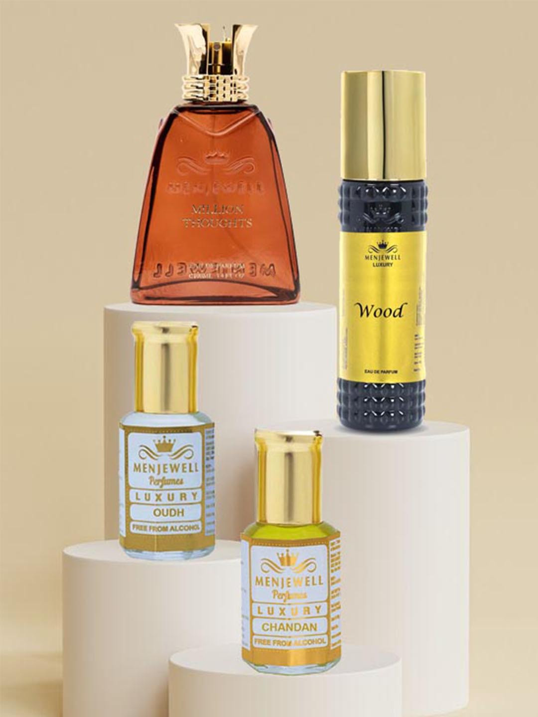 Menjewell Set Of 4 Million Thoughts Wood EDP With Chandan & Oudh Attar Gift Set