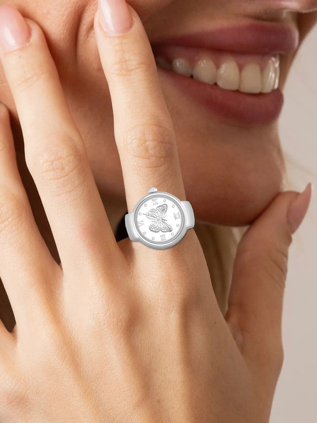 Shocknshop Women Silver Round Stainless Steel Finger Ring Watch