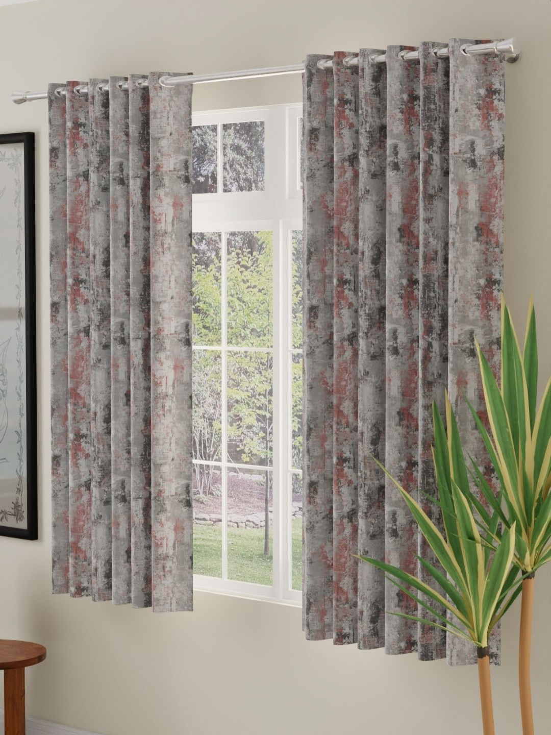 ROSARA HOME Grey & Pink 2 Pieces Abstract Printed Room Darkening Window Curtains