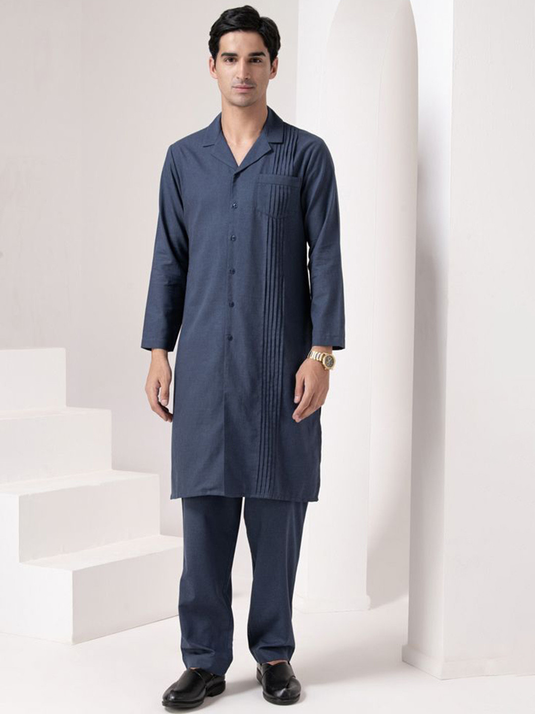 BARARA ETHNIC Shirt Collar Indigo Blazer Style Pleated Linen Straight Kurta with Trousers