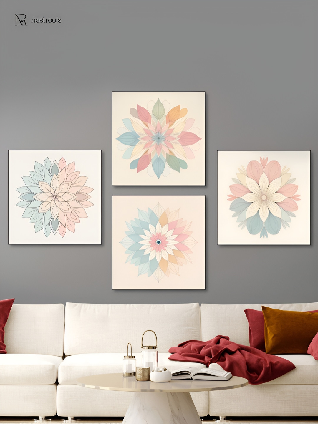 nestroots Floral Beauty Canvas 4 Piece Wall Square Paintings Wall Art - 24 x 24 In