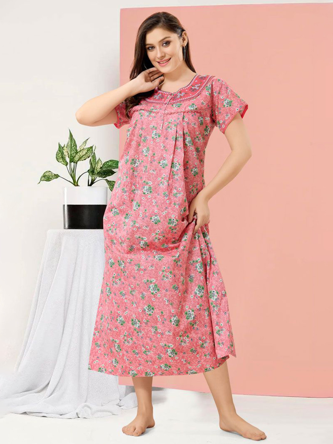 Soulemo Women  Everyday Floral Printed Pure Cotton Floor Length Regular Nightdress