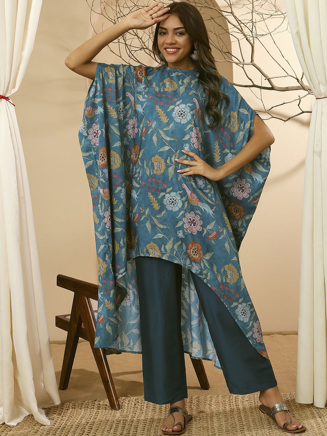 Stylefables Floral Printed Round Neck High Low Kaftan Kurta Set