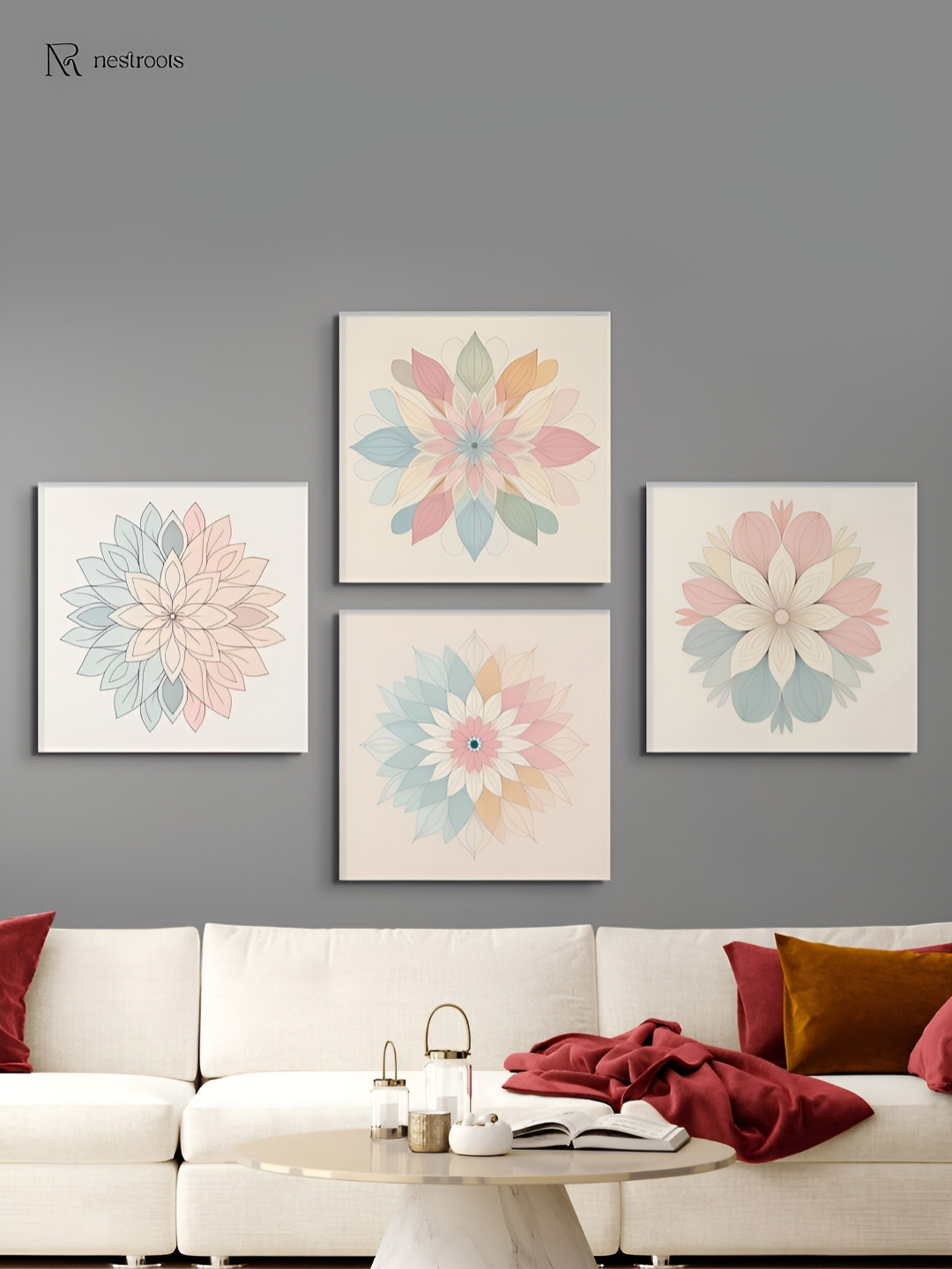 nestroots Harmonious Floral Peach& Blue 4 Pieces Canvas Wall Paintings