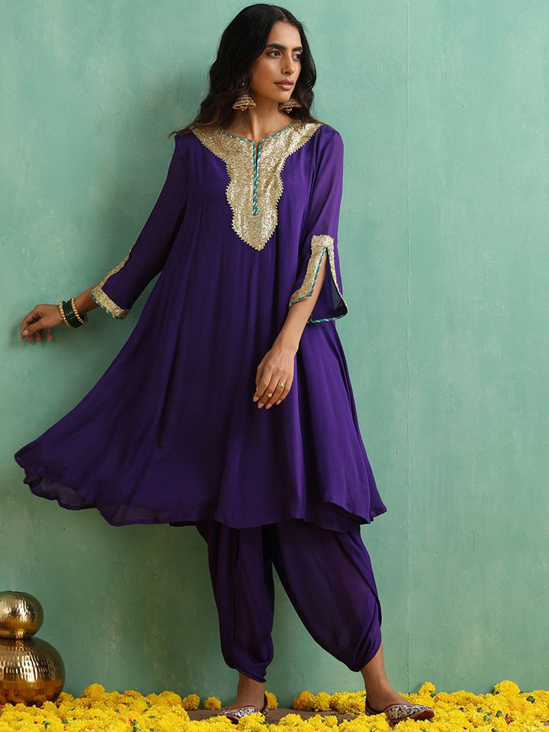 indy Raaga Yoke Design Sequinned Silk Chiffon Anarkali Fusion Kurta With Dhoti Pants