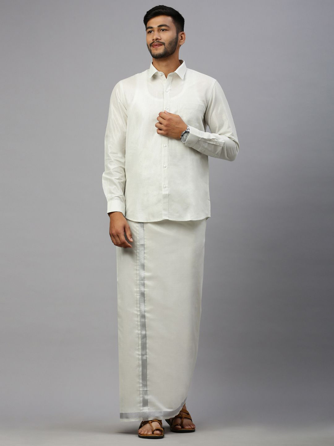 RAMRAJ Men Cotton Blend Full Sleeve Shirt & Single Dhoti