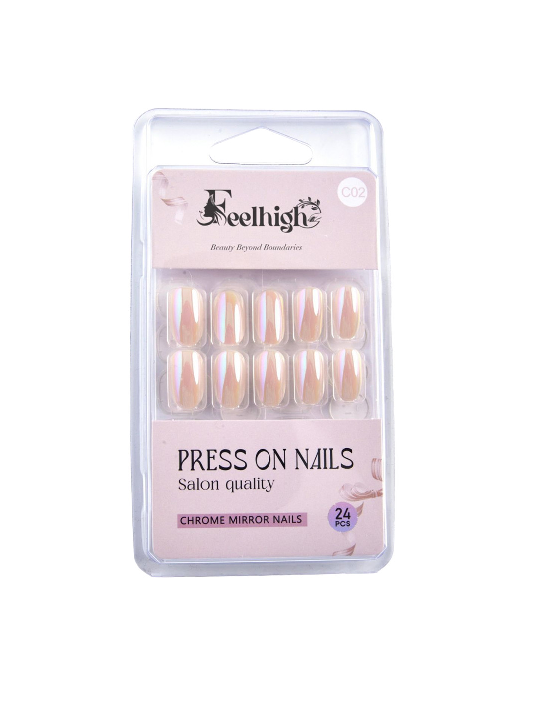FEELHIGH Set Of 24 Re useble Press-On Chrome Nails - C02
