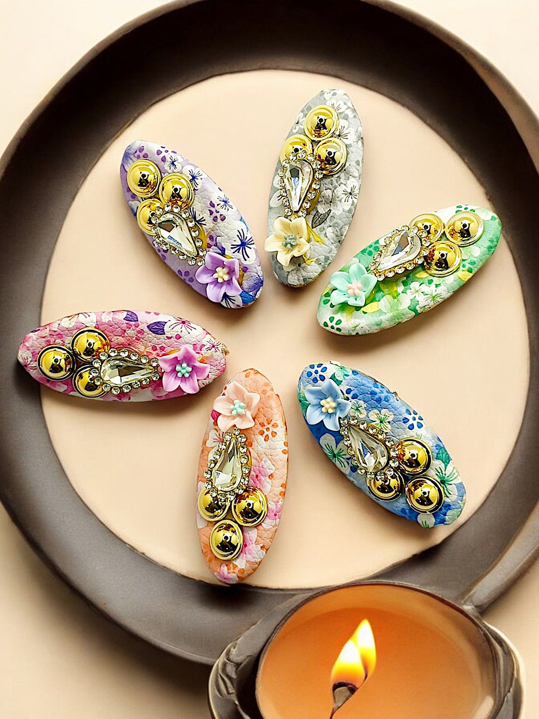 FEMMIBELLA Set of 6 Floral CZ Stone Studded Saree Clips Saree Accessories