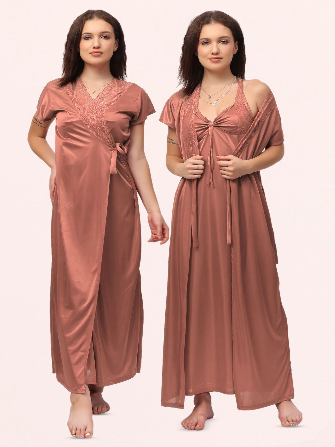 NIGHT KEYS Women Set Of 6 Piece Solid Satin Maxi Nightdress With Robe