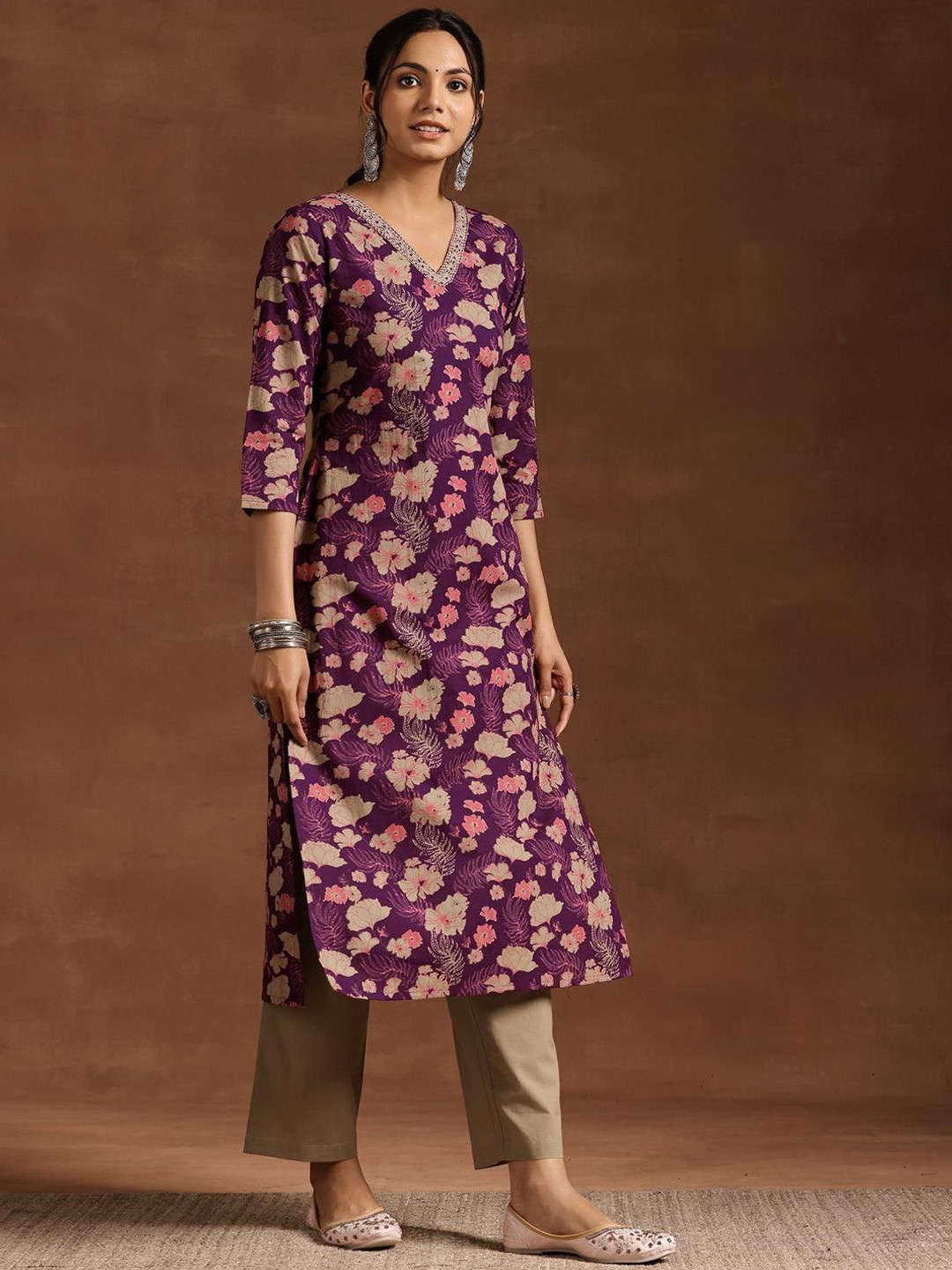 Tulip Eden Floral Printed V-Neck Lace Straight Kurta with Trousers & Dupatta