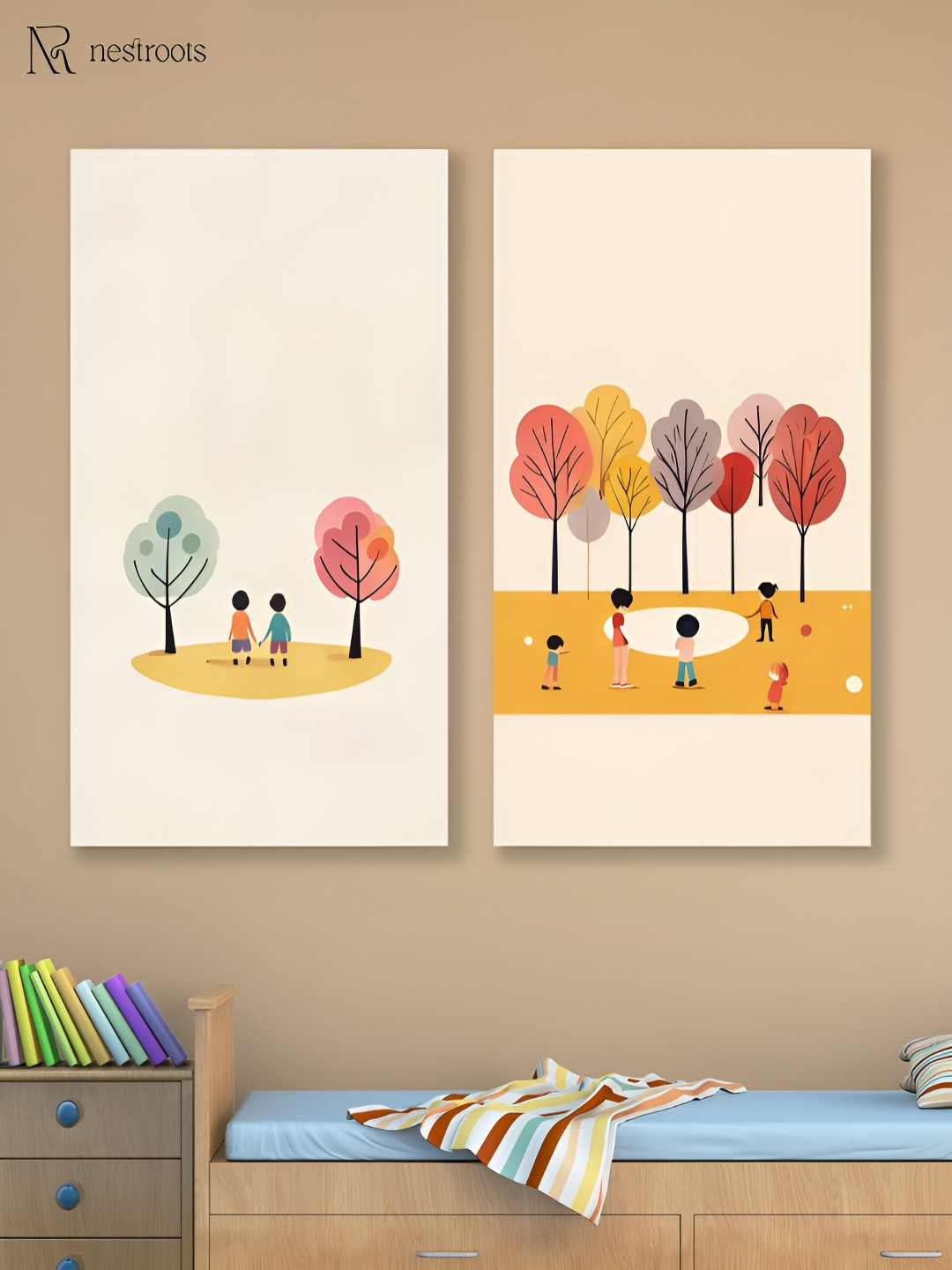 nestroots Children's Joyful Outdoor Playtime Pink & Orange 2 Pieces Canvas Wall Paintings