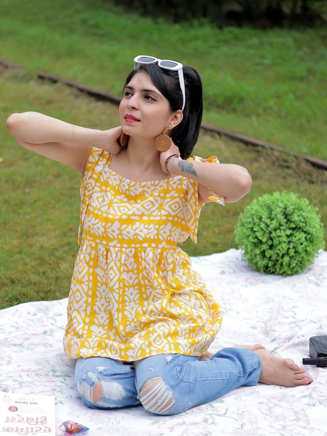 KALINI Women Batik Print A-line Shoulder Tie Up Short Top