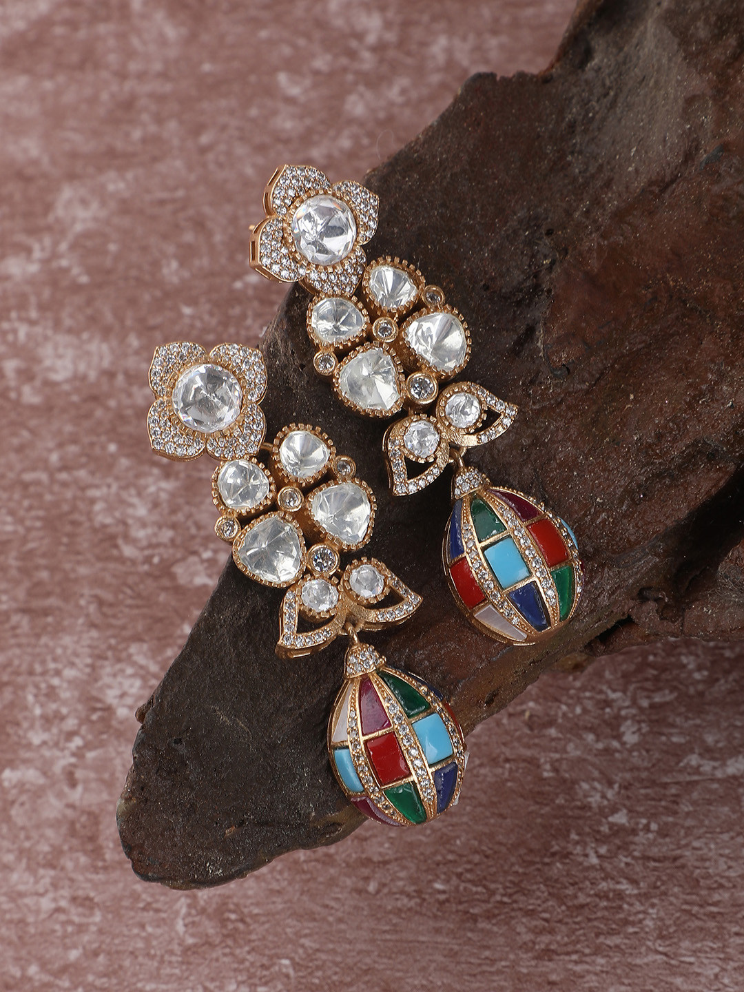 AURAA TRENDS Exquisite Gold-Plated Stone-Studded Contemporary Drop Earrings