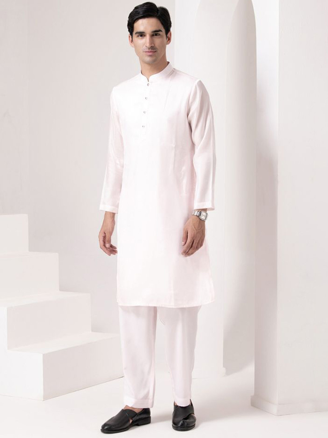 BARARA ETHNIC Mandarin Collar Long Sleeves Pastels Straight Kurta with Pyjamas