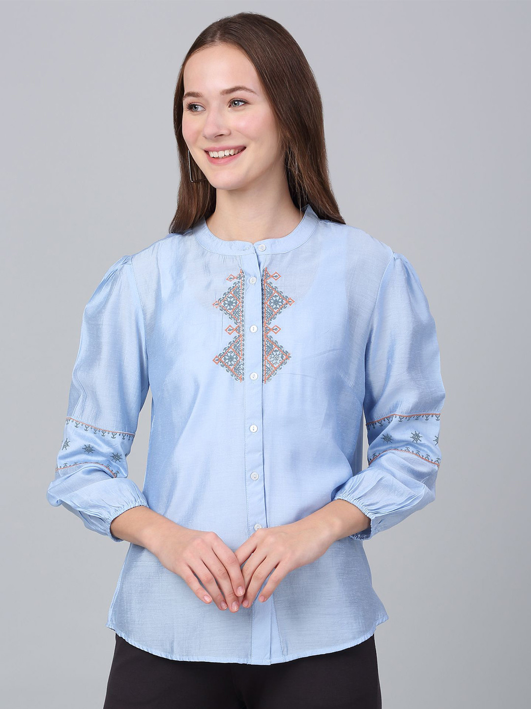 Cantabil Women's Mandarin Collar Embroidered Tunic