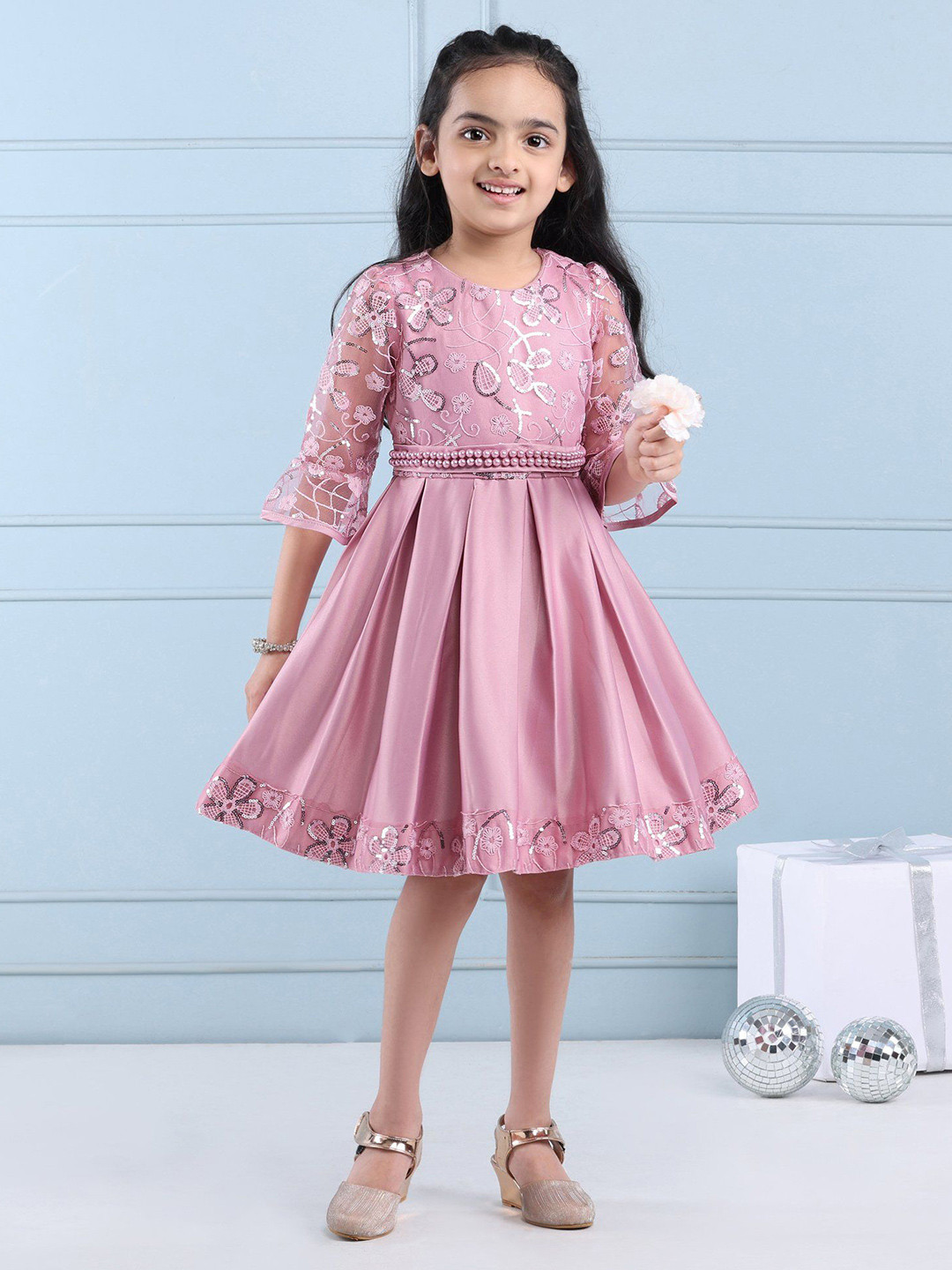 Mark & Mia Kids-Girls Pink Round Neck Printed Peplum Dress