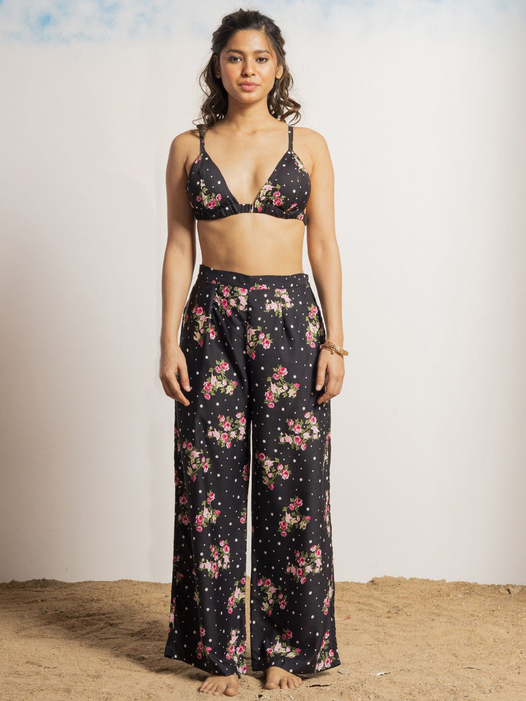 Aoba Black Floral Printed Shoulder Straps Crop Top With Trousers