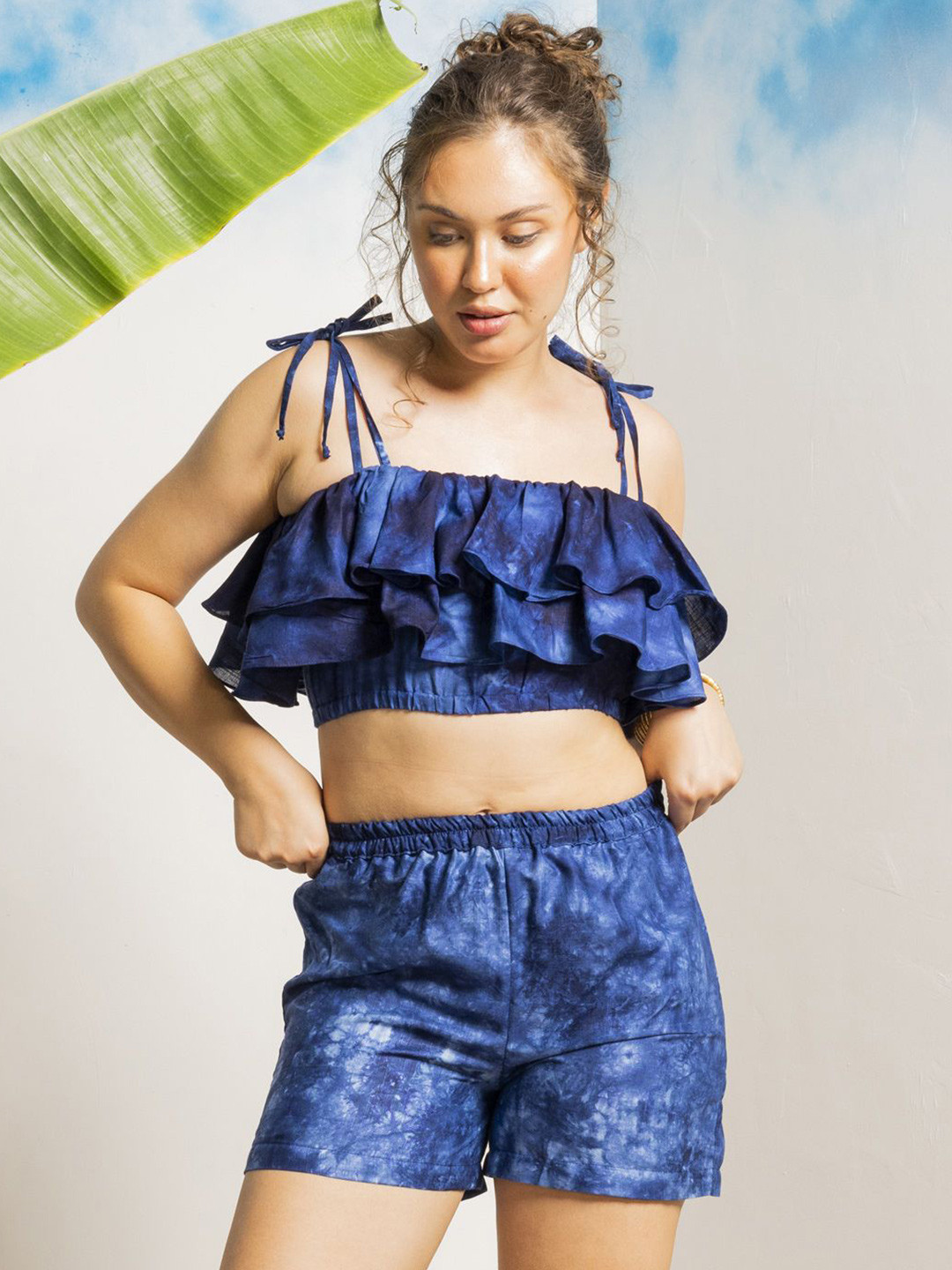 Aoba Blue Tie & Dyed Shoulder Straps Ruffled Crop Top With Short