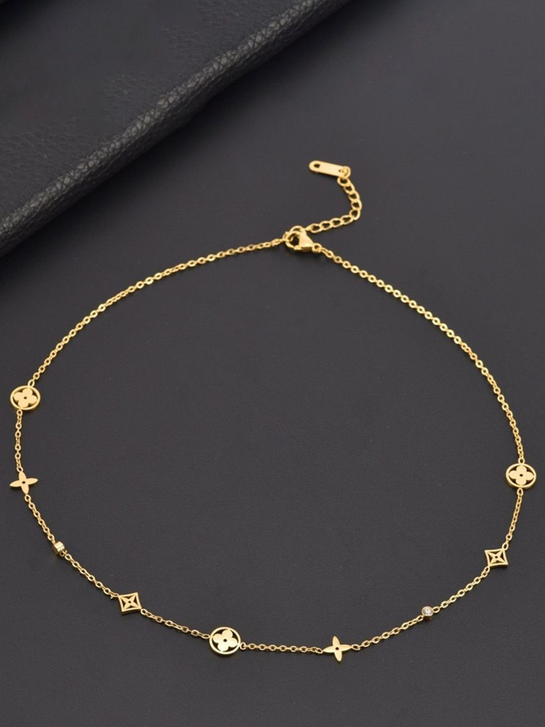 MYKI Gold-Plated Stainless Steel Cubic Zirconia Stone Studded Beautiful Flower Chain