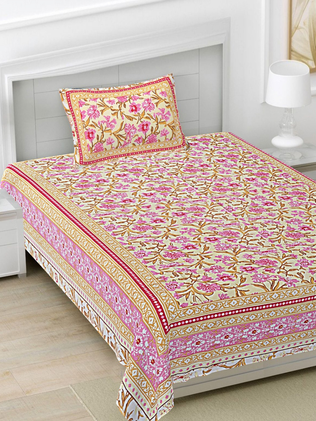 FrionKandy Living Jaipuri Pink Floral Cotton 180 TC Single Fine Bedsheet with a Pillow Cover-90 x 60 inches