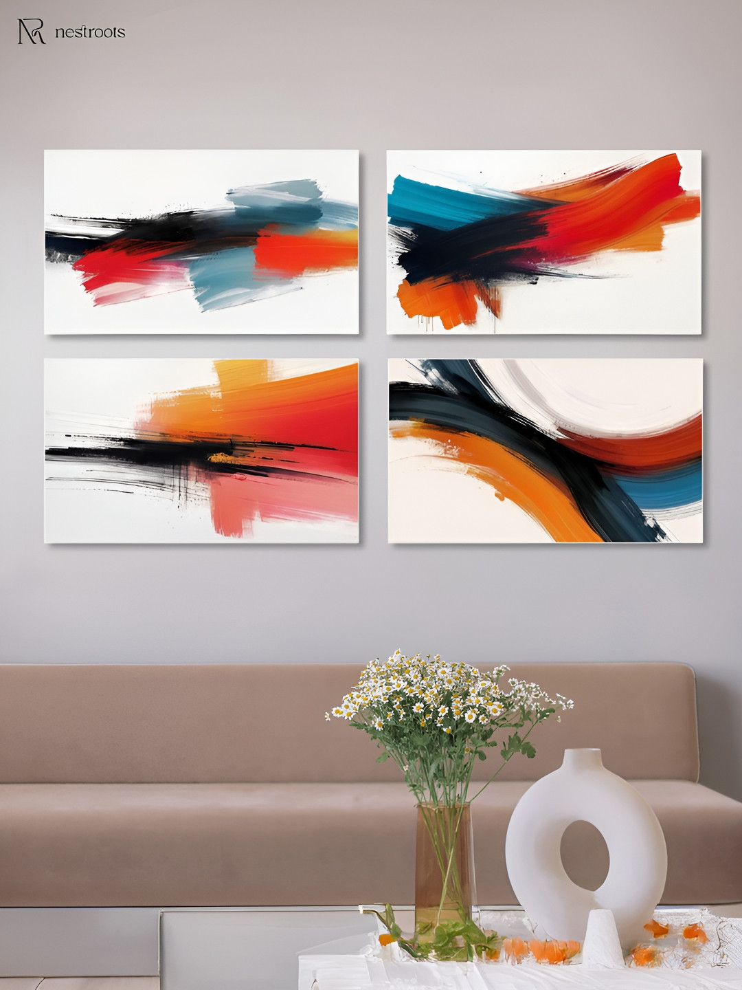 nestroots Exquisite White & Orange 4 Pieces Canvas Wall Art