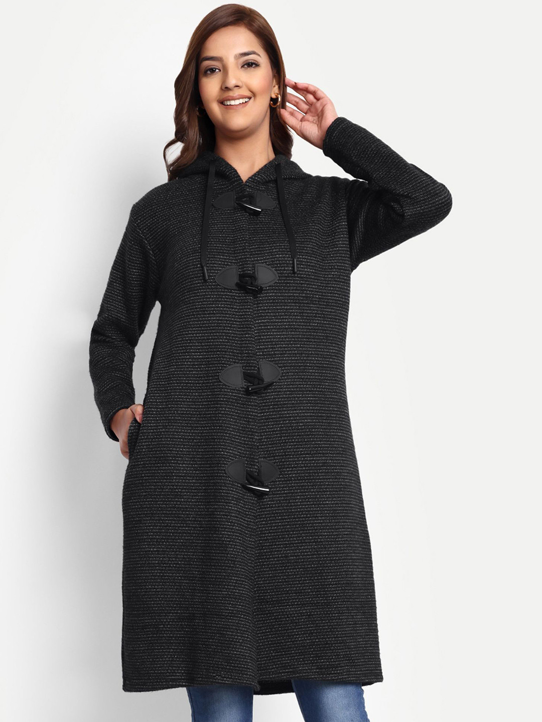 HAUTEMODA Women Woollen Hooded Longline Cardigan