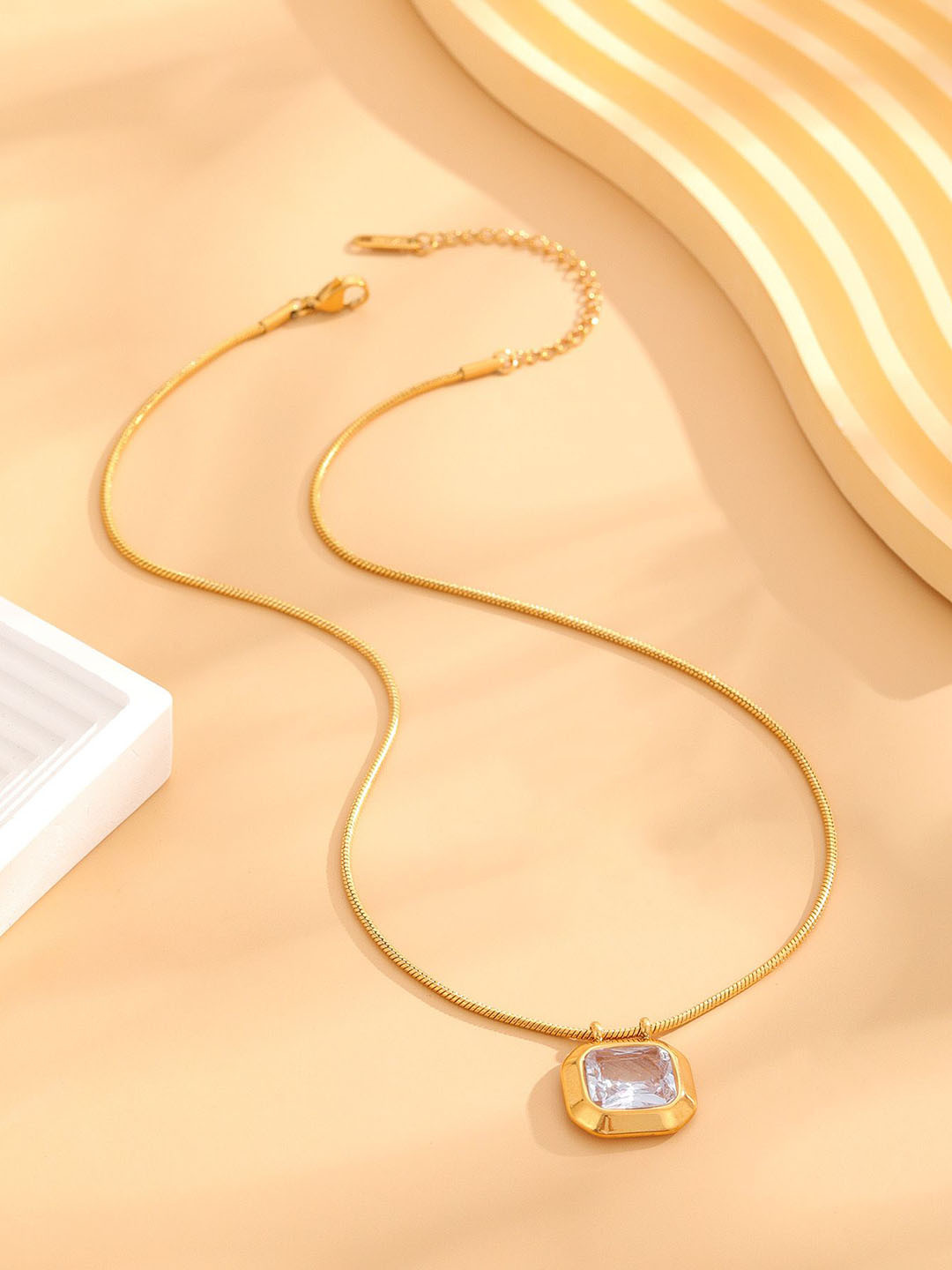MYKI Gold-Plated Contemporary Stainless Steel Square Crystal Pendant With Chain