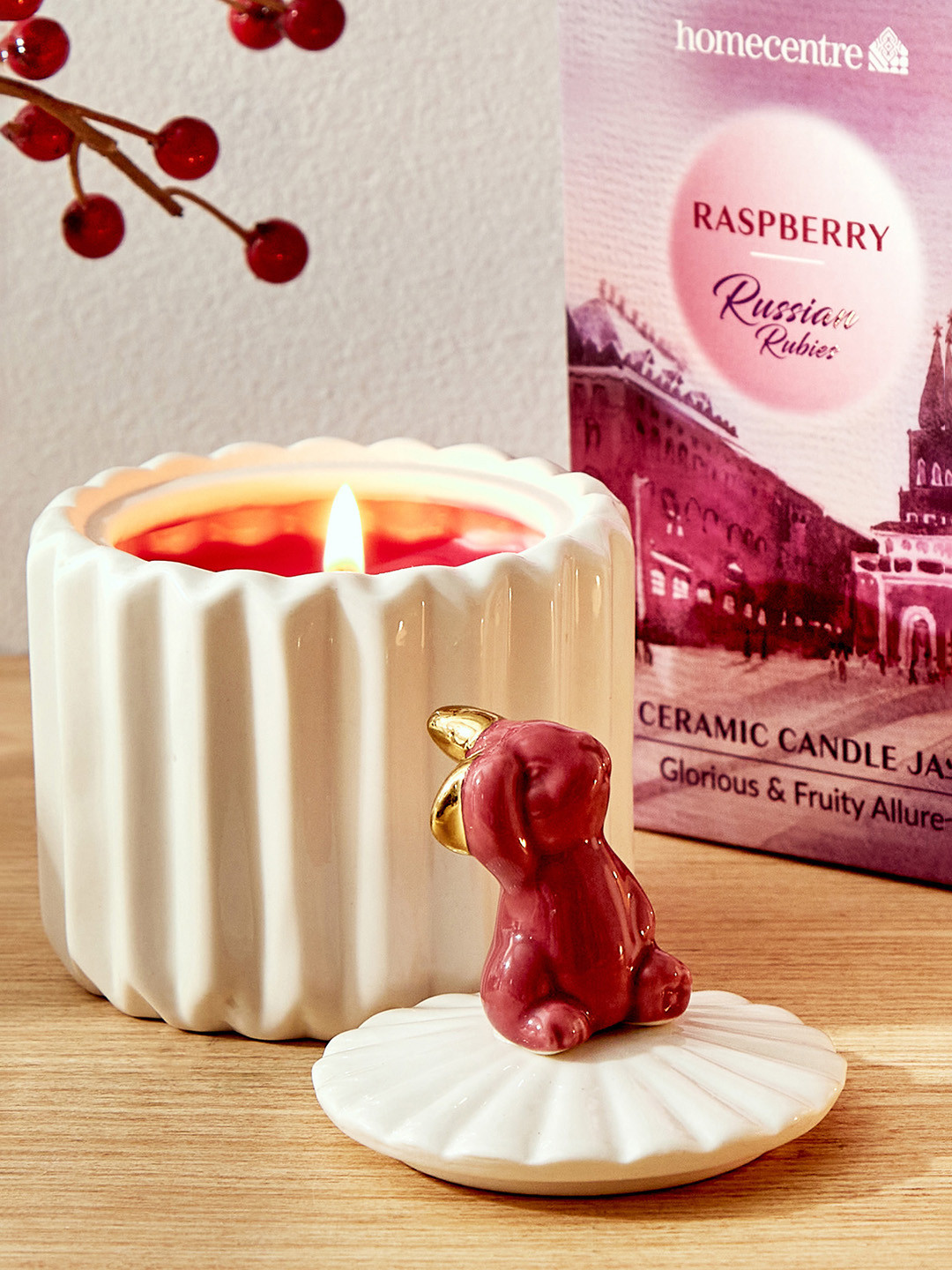 Home Centre Redolence Magenta & White Russian Rubies Raspberry Scented Ceramic Jar Candle