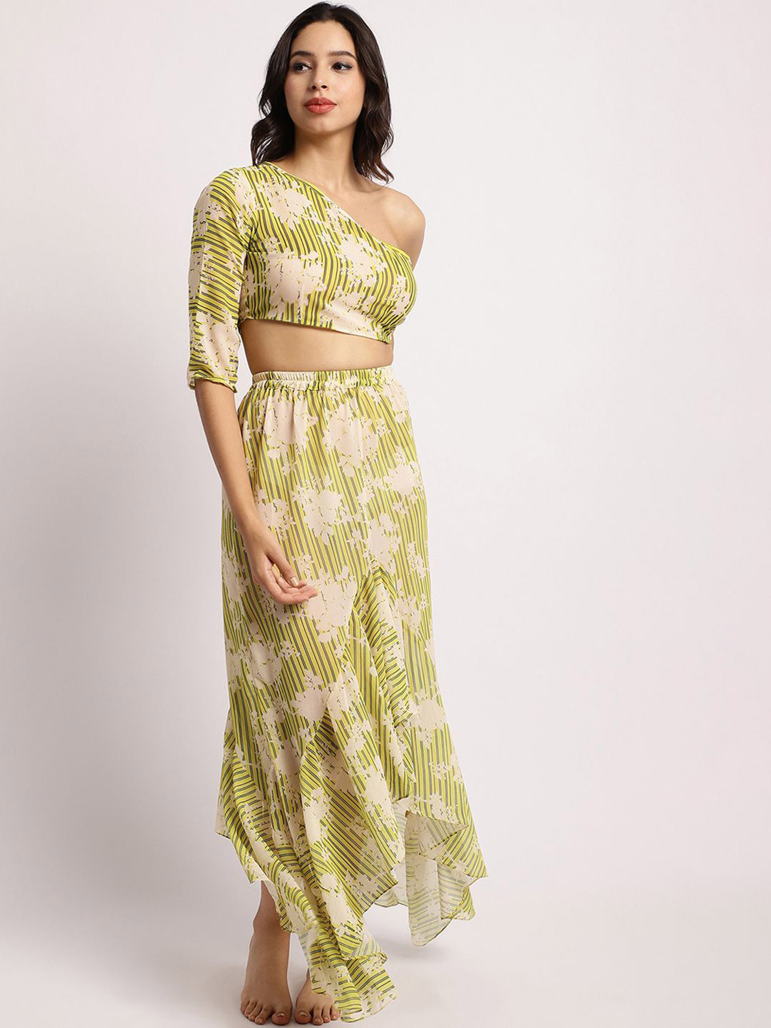 Aoba Green Floral Printed One ShoulderTop With Skirt