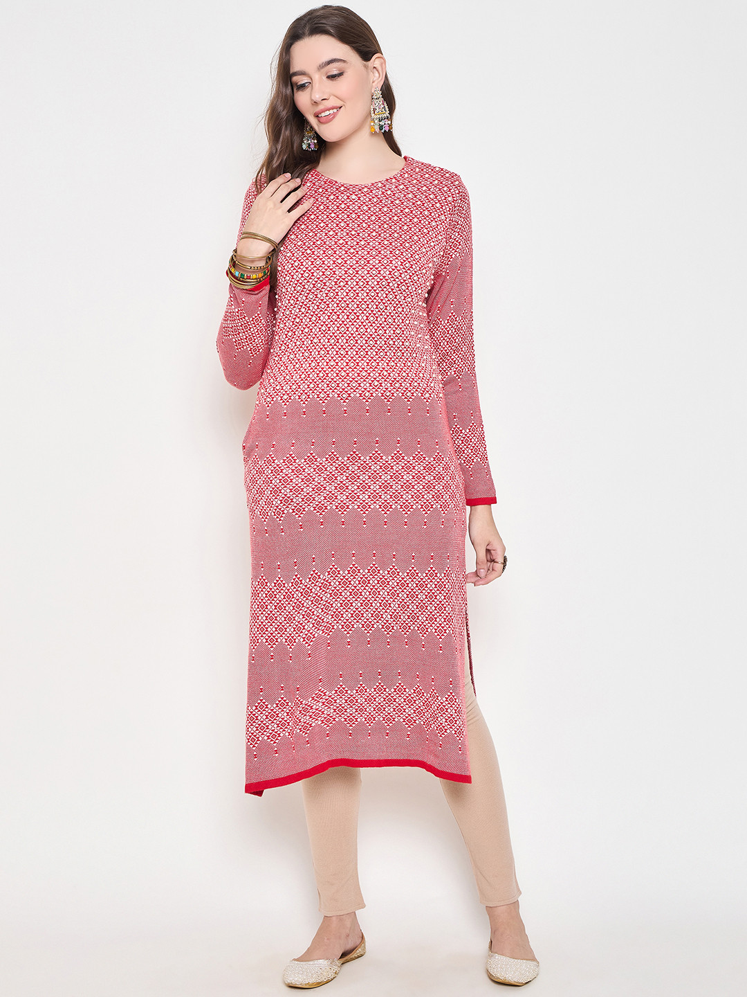 Zigo Winter Wear Geometric Woven Design Round Neck Woollen Straight Kurta