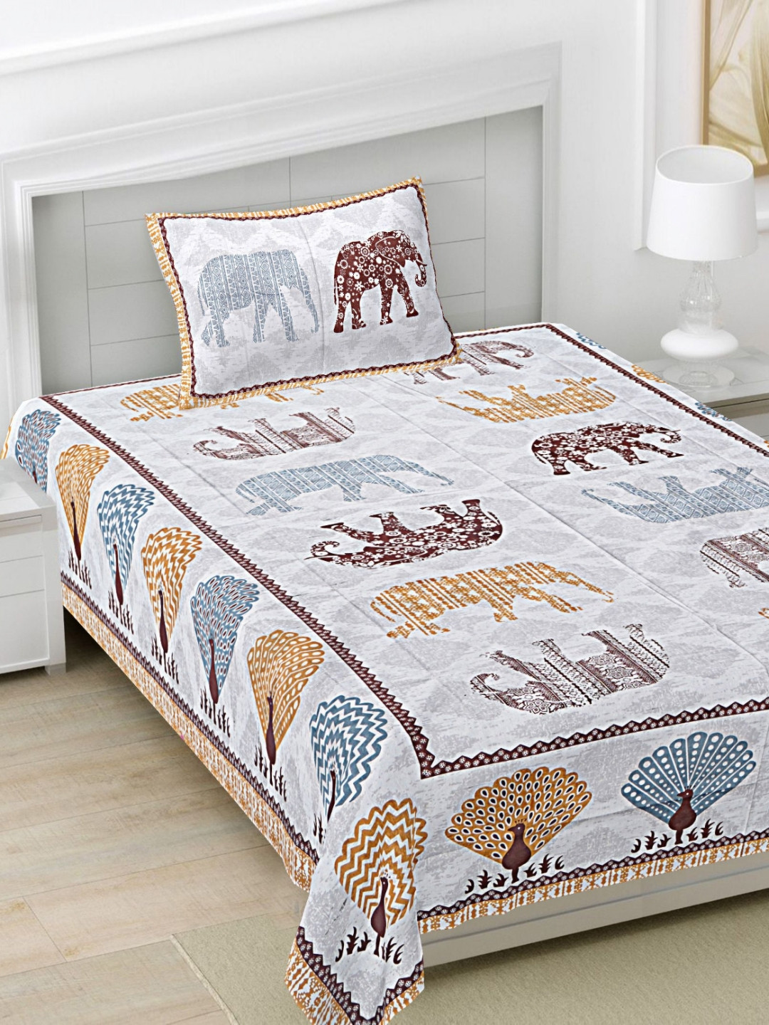 FrionKandy Living White Ethnic Motifs Cotton 180 TC Single Fine Bedsheet with a Pillow Cover-90 x 60 inches