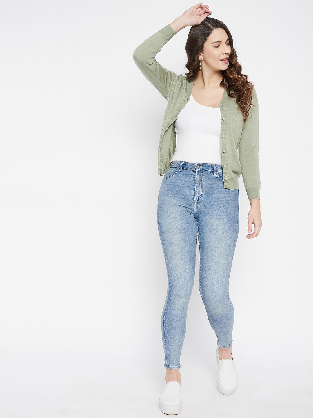 Zigo Women Woollen Cardigan Green V Neck Full Sleeves Front Open Sweaters