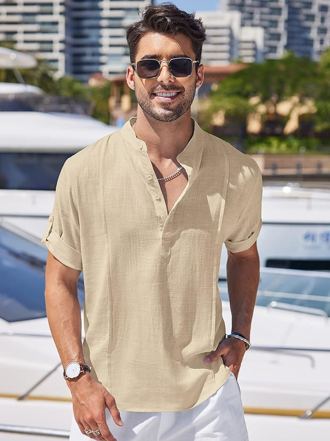 Anouk Cream-Coloured Mandarin Collar Roll-Up Sleeves Straight Short Kurta