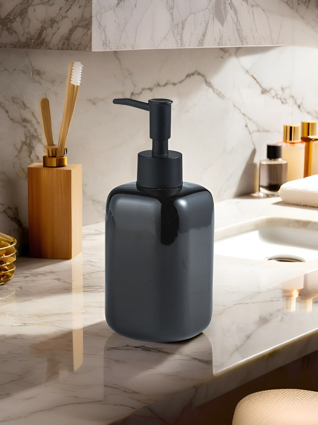 The Better Home Black Ceramic Glossy Soap Dispenser 300 ml