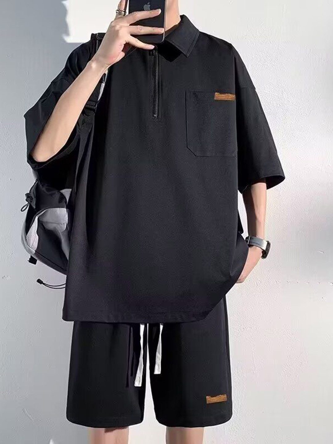 StyleCast Black Polo Collar T-Shirt With Shorts