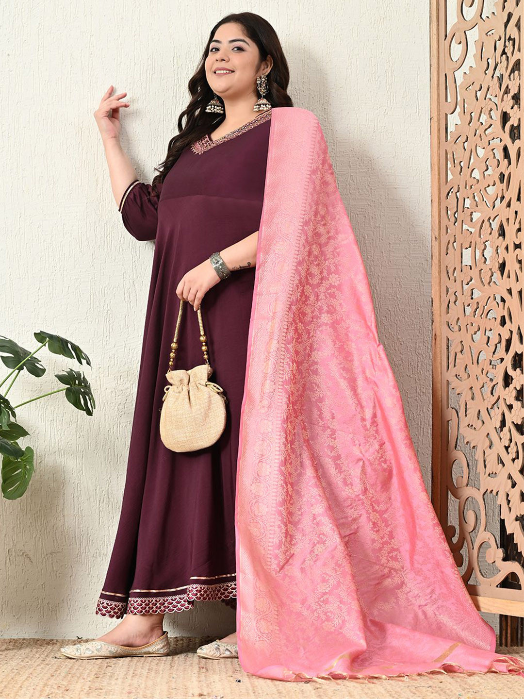 PrettyPlus by Desinoor.com Plus Size Embroidered Silk Fit and Flare Maxi Ethnic Dresses